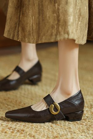 Vintage Mid-Heel Mary Jane Shoes for Women - 2025 Spring Summer Lambskin Chunky Heel Flats, Pointed Toe, Shallow Mouth Design