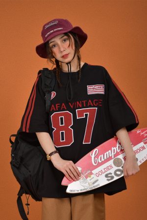 Vintage Motorcycle Graphic Short Sleeve T-Shirt for Women - Summer Loose Fit Double Stripe Trendy Y2K Style