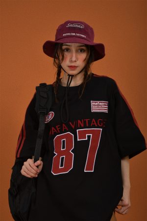 Vintage Motorcycle Graphic Short Sleeve T-Shirt for Women - Summer Loose Fit Double Stripe Trendy Y2K Style