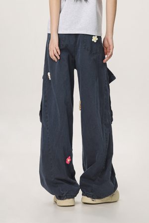 Vintage Multi-Pocket Embroidered Casual Work Pants for Men and Women - Loose Straight Cargo Style, American Retro Fashion