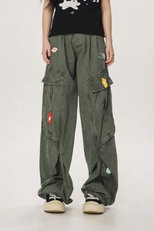 Vintage Multi-Pocket Embroidered Casual Work Pants for Men and Women - Loose Straight Cargo Style, American Retro Fashion