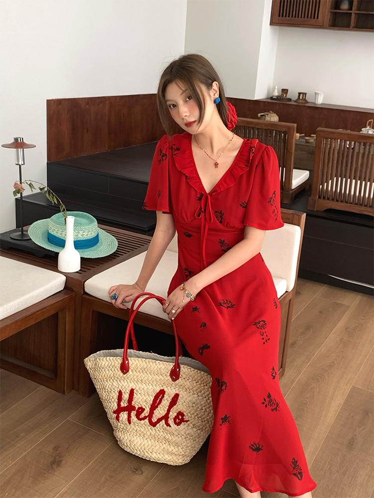 Vintage Night Rose Red French V-Neck Short Sleeve Flared Chiffon Dress for Women – Summer 90s Inspired Fashion Vintage Night Rose Red French V-Neck Short Sleeve Flared Chiffon Dress for Women – Summer 90s Inspired Fashion