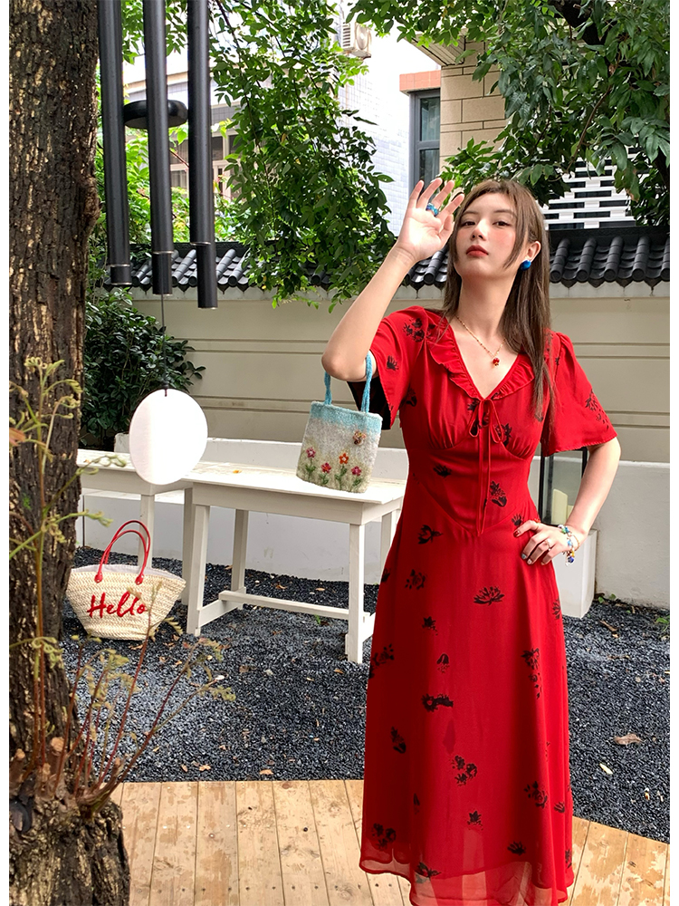Vintage Night Rose Red French V-Neck Short Sleeve Flared Chiffon Dress for Women – Summer 90s Inspired Fashion Vintage Night Rose Red French V-Neck Short Sleeve Flared Chiffon Dress for Women – Summer 90s Inspired Fashion