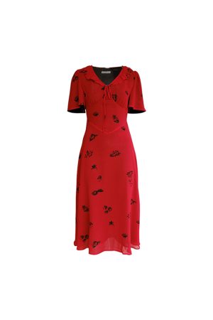 Vintage Night Rose Red French V-Neck Short Sleeve Flared Chiffon Dress for Women – Summer 90s Inspired Fashion
