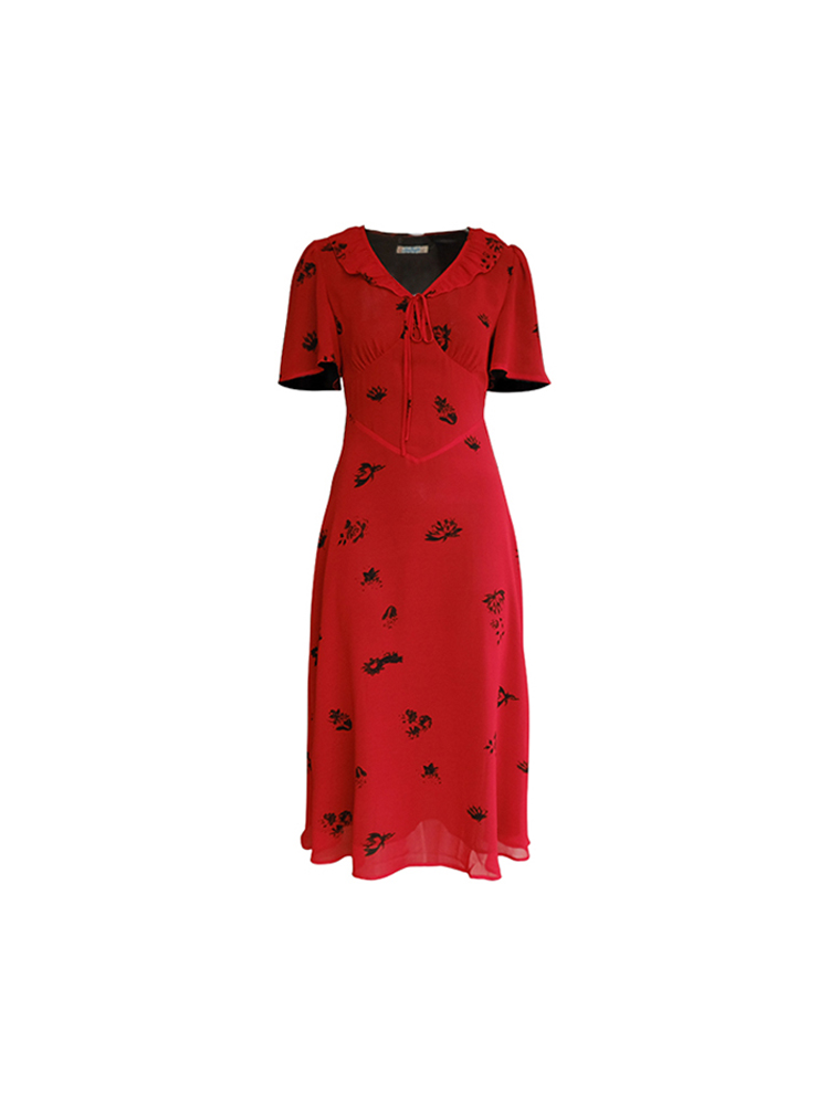 Vintage Night Rose Red French V-Neck Short Sleeve Flared Chiffon Dress for Women – Summer 90s Inspired Fashion Vintage Night Rose Red French V-Neck Short Sleeve Flared Chiffon Dress for Women – Summer 90s Inspired Fashion