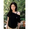 Vintage Off-Shoulder Black T-Shirt for Women - Summer 2025, Short Sleeve, Loose Fit, Slimming Casual Trend