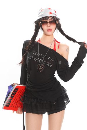 Vintage Off-Shoulder Long Sleeve T-Shirt for Women - Sheer Ruffled Summer Top, Waist-Defined Sun Protection, Hot Girl Style