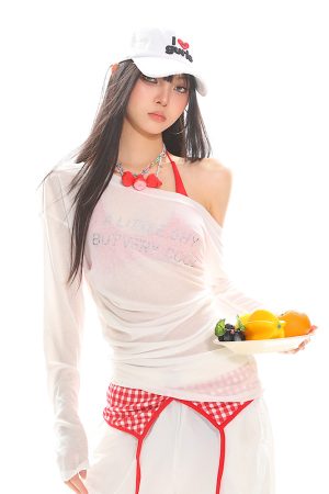 Vintage Off-Shoulder Long Sleeve T-Shirt for Women - Sheer Ruffled Summer Top, Waist-Defined Sun Protection, Hot Girl Style