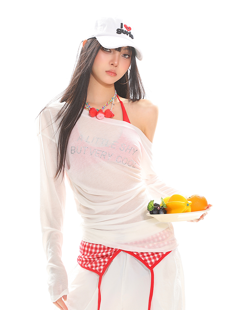 Vintage Off-Shoulder Long Sleeve T-Shirt for Women - Sheer Ruffled Summer Top, Waist-Defined Sun Protection, Hot Girl Style Vintage Off-Shoulder Long Sleeve T-Shirt for Women - Sheer Ruffled Summer Top, Waist-Defined Sun Protection, Hot Girl Style