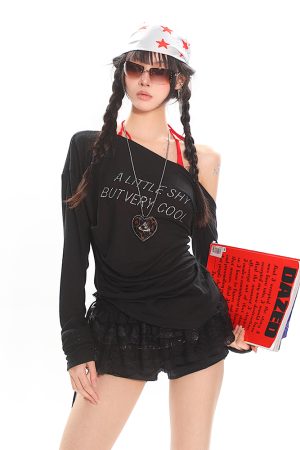 Vintage Off-Shoulder Long Sleeve T-Shirt for Women - Sheer Ruffled Summer Top, Waist-Defined Sun Protection, Hot Girl Style