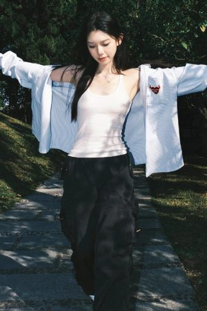 Vintage Oversized Blue Shirt Jacket for Women with Letter Embroidery - Spring 90s Style High-End Feel