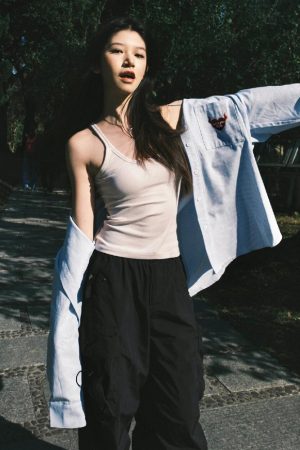 Vintage Oversized Blue Shirt Jacket for Women with Letter Embroidery - Spring 90s Style High-End Feel