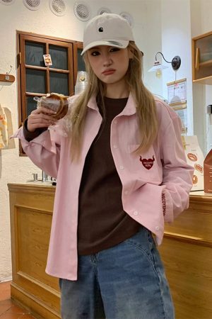 Vintage Oversized Blue Shirt Jacket for Women with Letter Embroidery - Spring 90s Style High-End Feel