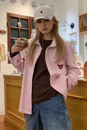 Vintage Oversized Blue Shirt Jacket for Women with Letter Embroidery - Spring 90s Style High-End Feel