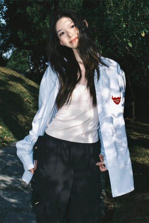 Vintage Oversized Blue Shirt Jacket for Women with Letter Embroidery - Spring 90s Style High-End Feel