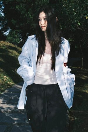 Vintage Oversized Blue Shirt Jacket for Women with Letter Embroidery - Spring 90s Style High-End Feel