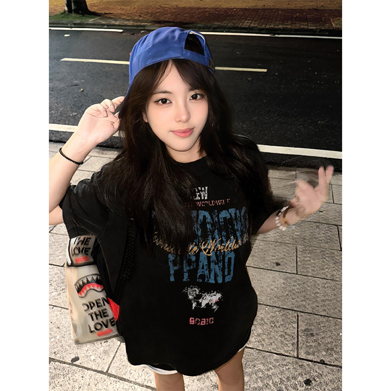 Vintage Oversized Short Sleeve T-Shirt for Women, Y2K Street Style Cotton Tee with Letter Print, Summer Loose Fit Top Vintage Oversized Short Sleeve T-Shirt for Women, Y2K Street Style Cotton Tee with Letter Print, Summer Loose Fit Top