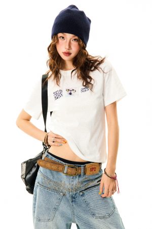 Vintage Patch Embroidery Short Sleeve T-Shirt for Women - Casual Summer Top, Versatile American Style Fashion