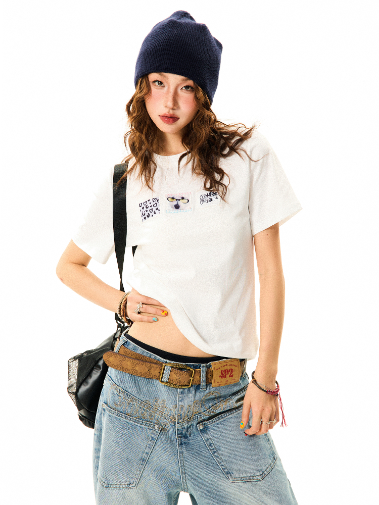 Vintage Patch Embroidery Short Sleeve T-Shirt for Women - Casual Summer Top, Versatile American Style Fashion Vintage Patch Embroidery Short Sleeve T-Shirt for Women - Casual Summer Top, Versatile American Style Fashion