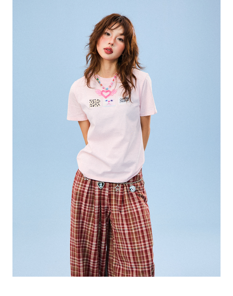 Vintage Patch Embroidery Short Sleeve T-Shirt for Women - Casual Summer Top, Versatile American Style Fashion Vintage Patch Embroidery Short Sleeve T-Shirt for Women - Casual Summer Top, Versatile American Style Fashion