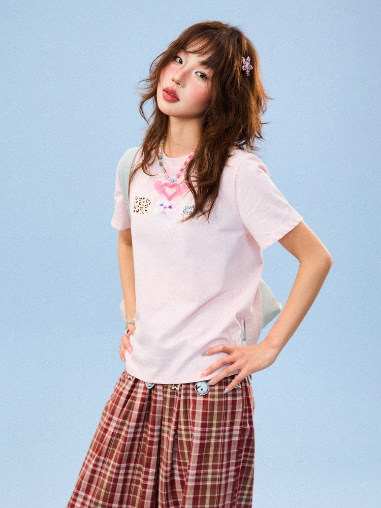 Vintage Patch Embroidery Short Sleeve T-Shirt for Women - Casual Summer Top, Versatile American Style Fashion Vintage Patch Embroidery Short Sleeve T-Shirt for Women - Casual Summer Top, Versatile American Style Fashion