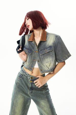 Vintage Patchwork Denim Short Sleeve Jacket Set for Women - Summer 90s Style Fashion