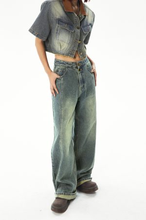 Vintage Patchwork Denim Short Sleeve Jacket Set for Women - Summer 90s Style Fashion