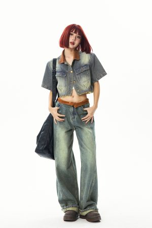 Vintage Patchwork Denim Short Sleeve Jacket Set for Women - Summer 90s Style Fashion