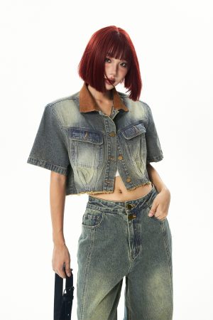 Vintage Patchwork Denim Short Sleeve Jacket Set for Women - Summer 90s Style Fashion