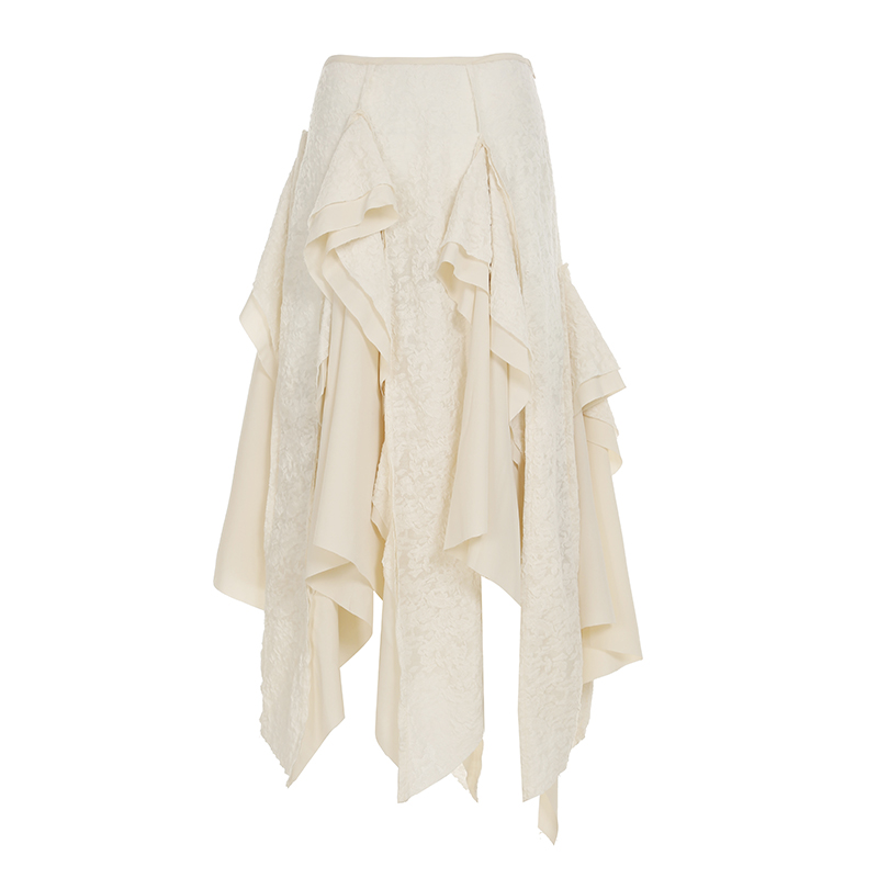 Vintage Patchwork Irregular Long Skirt with Ruffles and Jacquard Texture, Boho Chic Draped Half Skirt, Nomadic Poet Style Vintage Patchwork Irregular Long Skirt with Ruffles and Jacquard Texture, Boho Chic Draped Half Skirt, Nomadic Poet Style