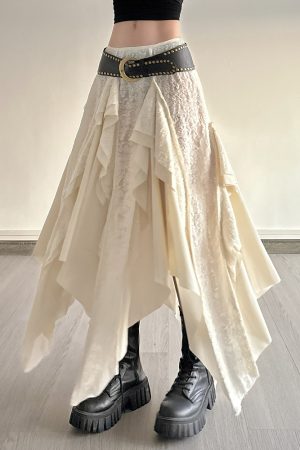 Vintage Patchwork Irregular Long Skirt with Ruffles and Jacquard Texture, Boho Chic Draped Half Skirt, Nomadic Poet Style
