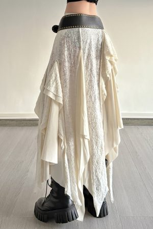 Vintage Patchwork Irregular Long Skirt with Ruffles and Jacquard Texture, Boho Chic Draped Half Skirt, Nomadic Poet Style