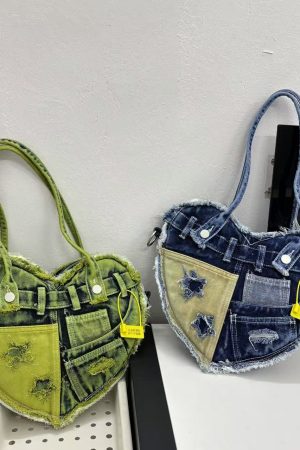 Vintage Patchwork Washed Fringe Denim Heart Crossbody Bag - Trendy Underarm Shoulder Bag for Y2K Style Enthusiasts