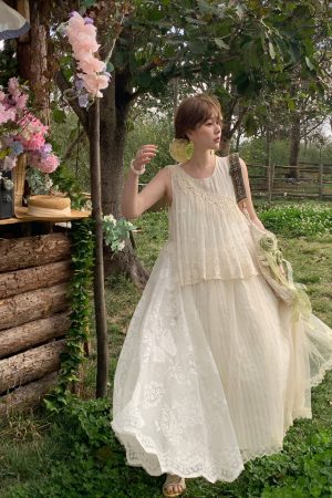 Vintage Pearl Dream Butterfly Lace Patchwork Sleeveless Dress - Women's Summer Forest Style Remake Long Dress, Y2K Aesthetic