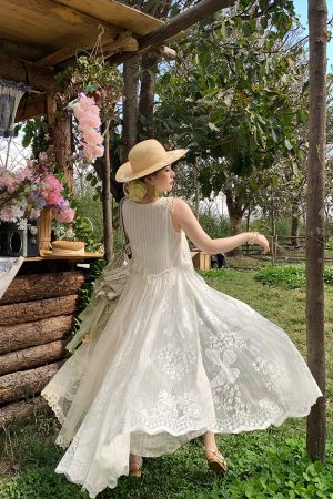 Vintage Pearl Dream Butterfly Lace Patchwork Sleeveless Dress - Women's Summer Forest Style Remake Long Dress, Y2K Aesthetic