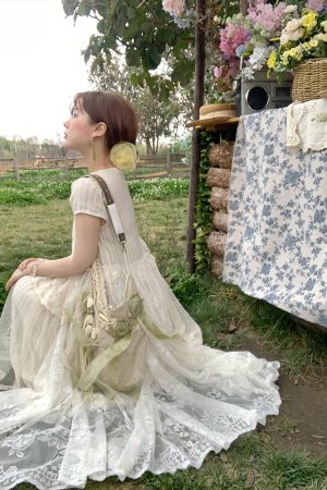 Vintage Pearl Dream Butterfly Lace Patchwork Sleeveless Dress - Women's Summer Forest Style Remake Long Dress, Y2K Aesthetic