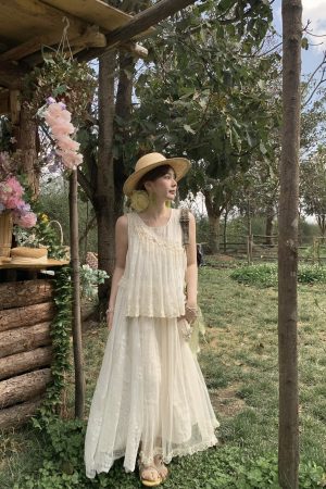 Vintage Pearl Dream Butterfly Lace Patchwork Sleeveless Dress - Women's Summer Forest Style Remake Long Dress, Y2K Aesthetic