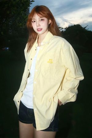 Vintage Pink Striped Shirt for Women with Dog Embroidery, Loose Spring Jacket, Sun Protection Top, 90s Inspired Fashion