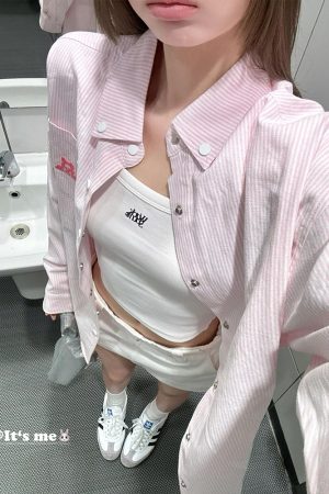 Vintage Pink Striped Shirt for Women with Dog Embroidery, Loose Spring Jacket, Sun Protection Top, 90s Inspired Fashion