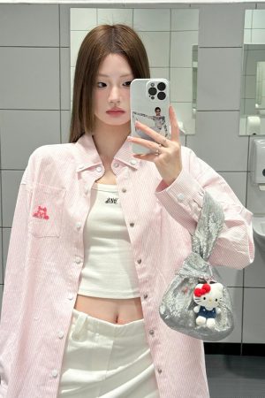 Vintage Pink Striped Shirt for Women with Dog Embroidery, Loose Spring Jacket, Sun Protection Top, 90s Inspired Fashion