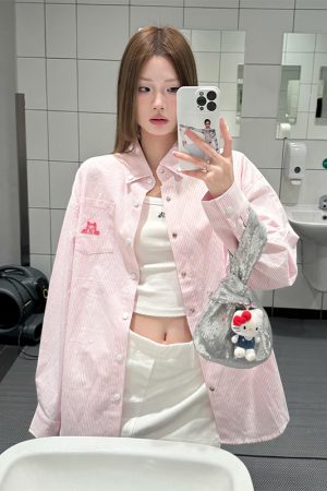 Vintage Pink Striped Shirt for Women with Dog Embroidery, Loose Spring Jacket, Sun Protection Top, 90s Inspired Fashion