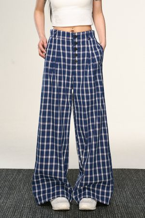 Vintage Plaid Button-Up Casual Pants for Women - Summer Loose Relaxed Wide-Leg Trousers, American Style Fashion