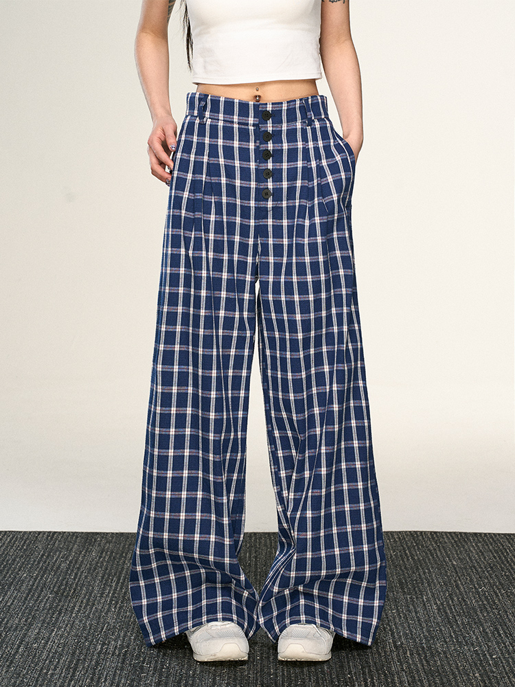 Vintage Plaid Button-Up Casual Pants for Women - Summer Loose Relaxed Wide-Leg Trousers, American Style Fashion Vintage Plaid Button-Up Casual Pants for Women - Summer Loose Relaxed Wide-Leg Trousers, American Style Fashion