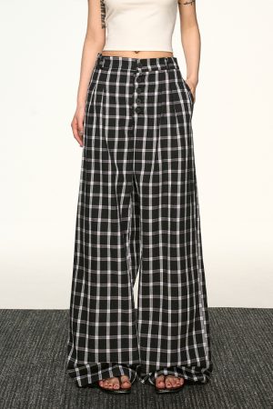 Vintage Plaid Button-Up Casual Pants for Women - Summer Loose Relaxed Wide-Leg Trousers, American Style Fashion