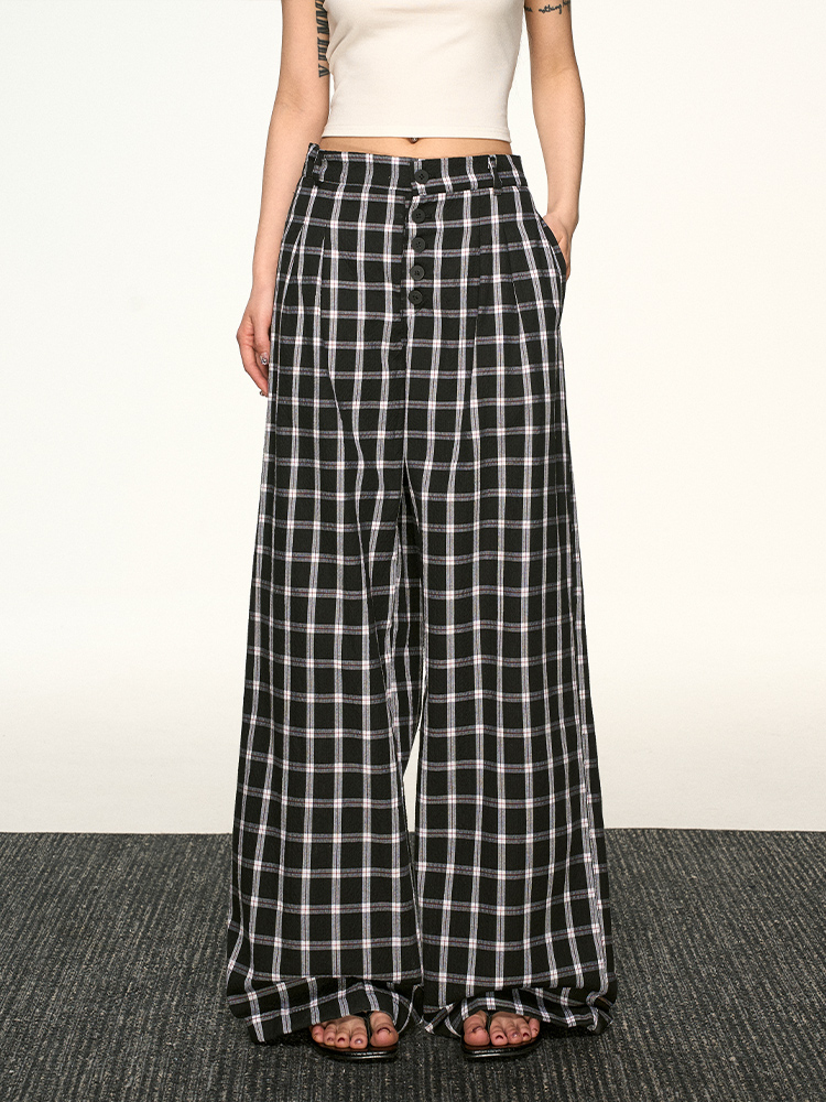 Vintage Plaid Button-Up Casual Pants for Women - Summer Loose Relaxed Wide-Leg Trousers, American Style Fashion Vintage Plaid Button-Up Casual Pants for Women - Summer Loose Relaxed Wide-Leg Trousers, American Style Fashion