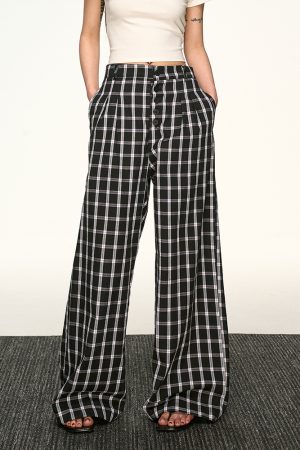 Vintage Plaid Button-Up Casual Pants for Women - Summer Loose Relaxed Wide-Leg Trousers, American Style Fashion