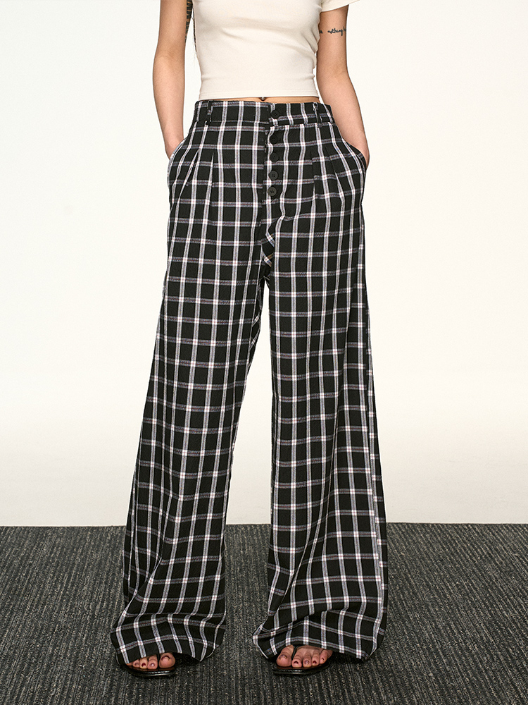 Vintage Plaid Button-Up Casual Pants for Women - Summer Loose Relaxed Wide-Leg Trousers, American Style Fashion Vintage Plaid Button-Up Casual Pants for Women - Summer Loose Relaxed Wide-Leg Trousers, American Style Fashion