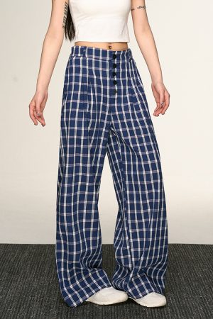 Vintage Plaid Button-Up Casual Pants for Women - Summer Loose Relaxed Wide-Leg Trousers, American Style Fashion