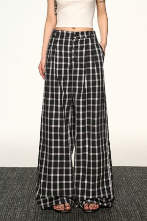 Vintage Plaid Button-Up Casual Pants for Women - Summer Loose Relaxed Wide-Leg Trousers, American Style Fashion