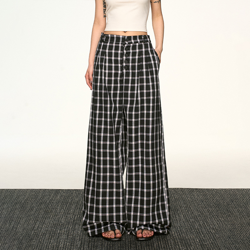 Vintage Plaid Button-Up Casual Pants for Women - Summer Loose Relaxed Wide-Leg Trousers, American Style Fashion Vintage Plaid Button-Up Casual Pants for Women - Summer Loose Relaxed Wide-Leg Trousers, American Style Fashion